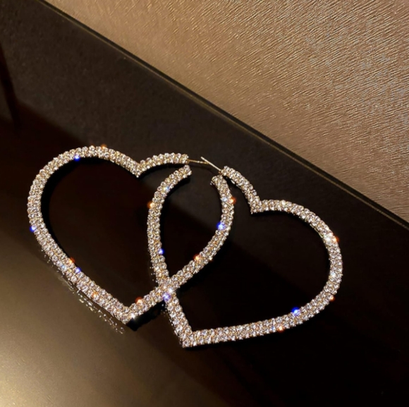 Huge Rhinestone Heart Silver Hoop Earrings CZ Crystal Pave Hoops New - Picture 5 of 14